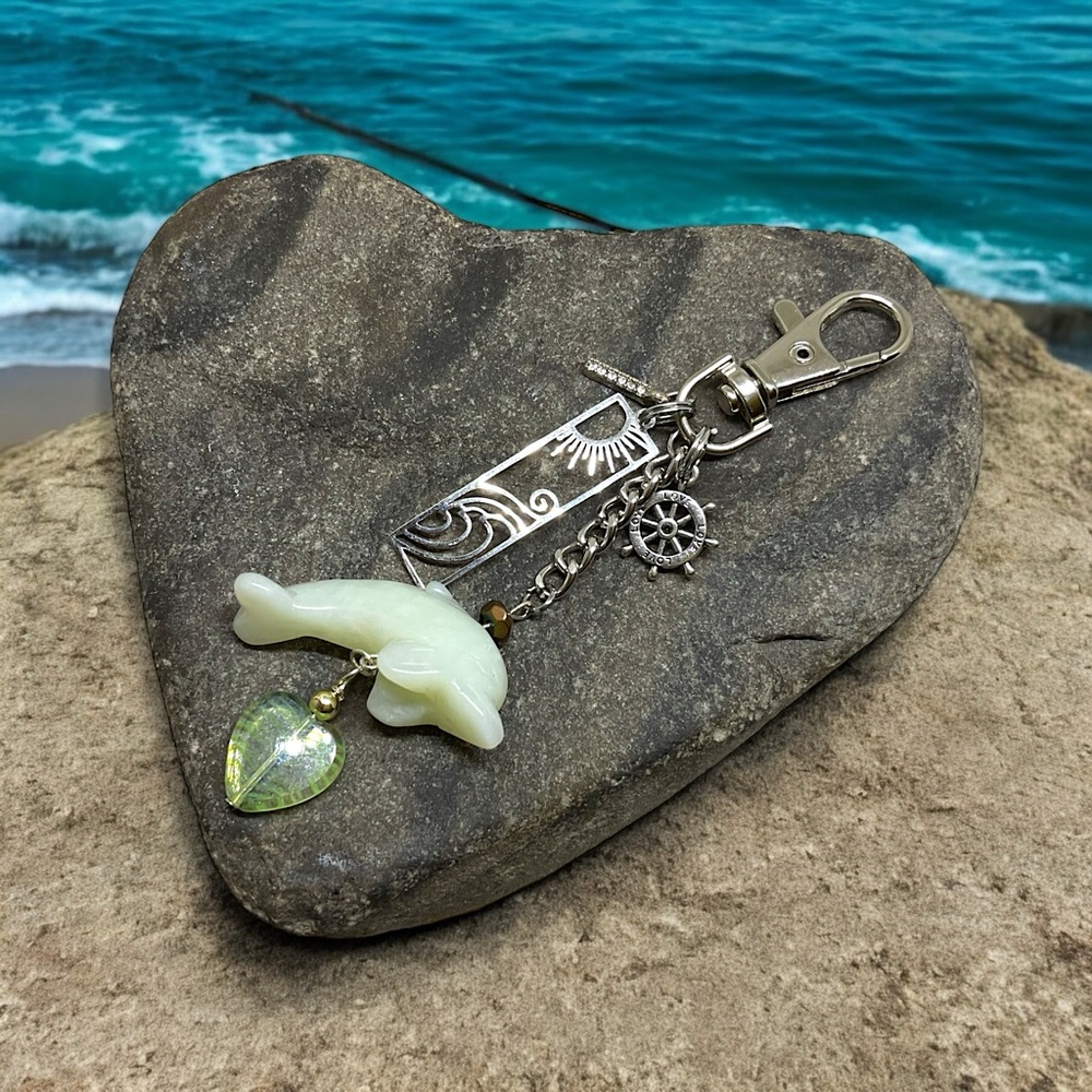Nautical ocean bag charm,Jade dolphin with silver charms,gift for her,quality